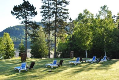 Chaises longues et fauteuils Adirondack sur le terrain, face au lac Saguay